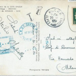 75328 - MONACO - Postal History - POSTCARD to ITALY 1954 -- TAXED on ARRIVAL