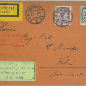 89711 - GERMANY - Postal History - FIRST FLIGHT COVER  Duisburg / Koln  1927