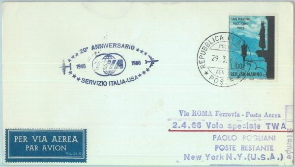 83033 - SAN MARINO - Postal History - SPECIAL FLIGHT: ITALY  USA # 628 AC 1966