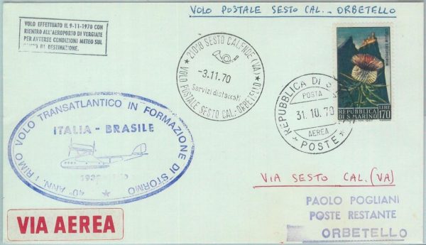 83057- SAN MARINO - Postal History - special FIRST FLIGHT to BRAZIL # 1229 1970