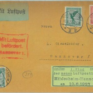 89712 - GERMANY - Postal History - FIRST FLIGHT COVER Hildesheim / Hannover 1927