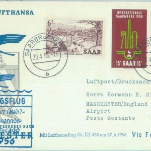 89729 - GERMANY SAAR - Postal History - FIRST FLIGHT COVER:  to MANCHESTER 1956