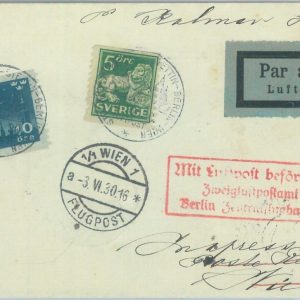 89736 - SWEDEN - Postal History - FIRST FLIGHT: Kalmar -  Berlin - Wien 1930