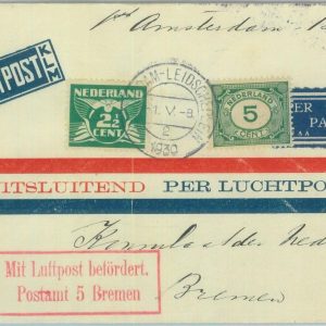 89755 - NETHERLANDS - Postal History - FIRST FLIGHT  Amsterdam -  Bremen 1930