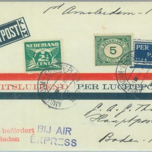89754 - NETHERLANDS - Postal History - FIRST FLIGHT Amsterdam - Baden Baden 1930