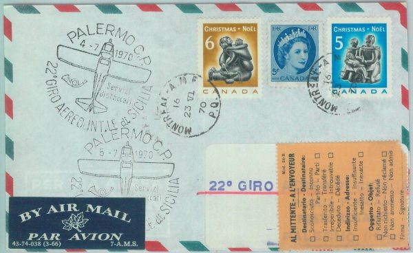 83259 - CANADA - Postal History - FLIGHT Cover: GIRO AEREO SICILIA - 1970