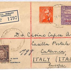 ai1543 - AUSTRALIA Tasmania -  POSTAL HISTORY - Registered Cover to ITALY 1949