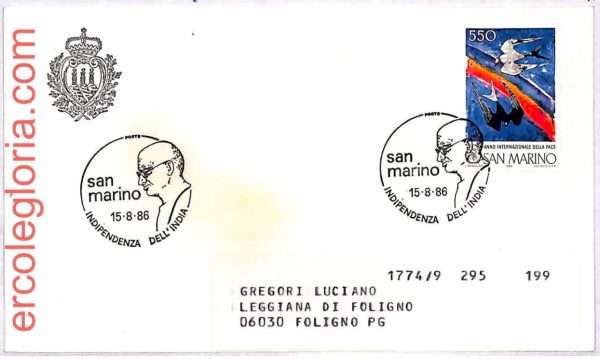 ai3473 - San Marino -  POSTAL HISTORY - Cover - Mahatma Gandhi -1986 RR