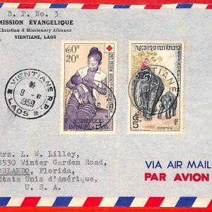 aa6228 - LAOS - Postal History - AIRMAIL COVER to USA  1959 Red Cross ELEPHANTS