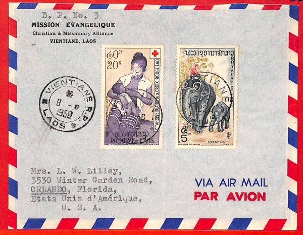 aa6228 - LAOS - Postal History - AIRMAIL COVER to USA  1959 Red Cross ELEPHANTS