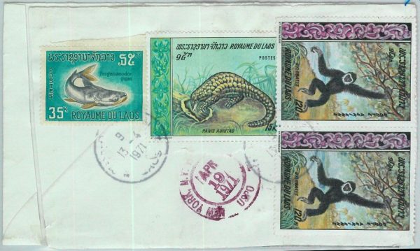 94521  - LAOS -  Postal History - COVER to USA  1971  - FISH pangolin MONKEY