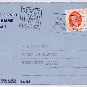 ai1560 - AUSTRALIA -  POSTAL HISTORY -  AEROGRAMME to Benevento ITALY 1965