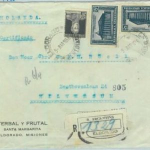 93852 - ARGENTINA - POSTAL HISTORY - REGISTERED Cover: ELDORADO to HOLLAND 1935