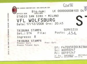C2856- Vecchio BIGLIETTO PARTITA CALCIO 2008 MILAN VS VFL WOLFSBURG