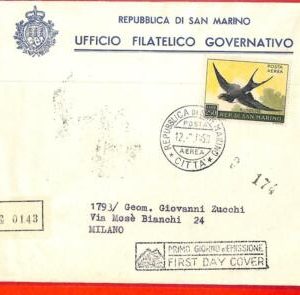 aa3147 - SAN MARINO  - POSTAL HISTORY -  Registered  FDC COVER  1958 Birds