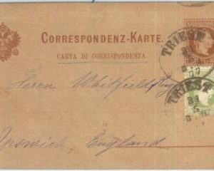 72533 - AUSTRIA  -  POSTAL STATIONERY CARD  from TRIEST Trieste to ENGLAND 1877
