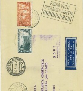 83005 - Storia Postale - PRIMI VOLI First Flight cover : Brindisi - RODI  1933