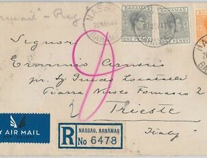 56277 -   BAHAMAS -  POSTAL HISTORY -  Registered  COVER to ITALY Trieste  1947