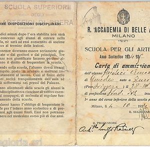 DOCUMENTO D'EPOCA Carta di Ammisione ACCADEMIA BELLE ARTI Milano BRERA 1934