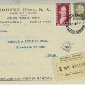 98927 - ARGENTINA - POSTAL HISTORY - Registered  COVER  1954   Evita