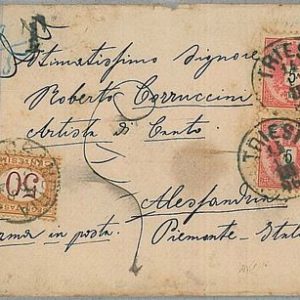 36765   AUSTRIA - BUSTA da TRIESTE a ALESSANDRIA - TASSATA in ARRIVO 1886