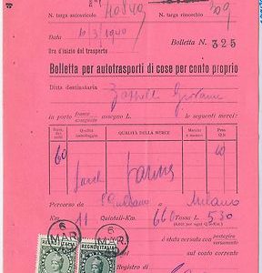 41289  REGNO:  BOLLETTA AUTOTRASPORTI con marca da bollo TASSA DI TRASPORTO 1940