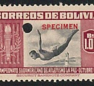 51040c - BOLIVIA -   SPORT: 1948 stamp overprinted SPECIMEN:  SWIMMING Diving