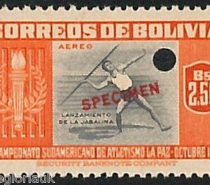 51040d   COLOMBIA -  SPORT: 1948 stamp overprinted SPECIMEN:  ATHLETICS Javelin