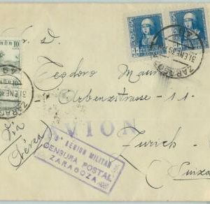 66907 - SPAIN - Postal History - COVER with CENSURA MILITAR to SWITZERLAND 1939