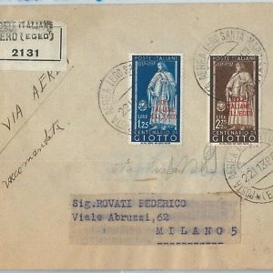 71444 - Colonie EGEO - Storia Postale: Sass # S20 su BUSTA da LEROS SANTA MARIA