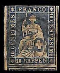 94993cH - SWITZERLAND - STAMP - Zumstein # 23 Green Thread  / Medium  Paper USED