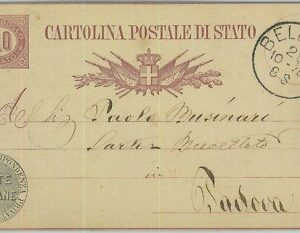 98064 - REGNO - STORIA POSTALE - INTERO POSTALE da BELLUNO a PADOVA  1878