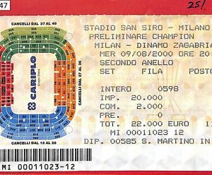 C1247 – Altes FUSSBALLSPIEL-TICKET – 2000 AC MAILAND VS DINAMO ZAGREB