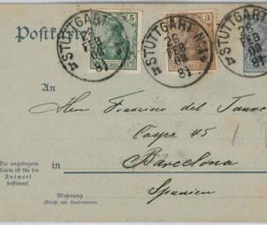 46631 - GERMANY  - POSTAL HISTORY - STATIONERY CARD w/stamps to SPAIN 1908