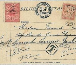 37403 -  BRAZIL - Postal History : POSTCARD to  FRANCE 1906 - TAXED on ARRIVAL