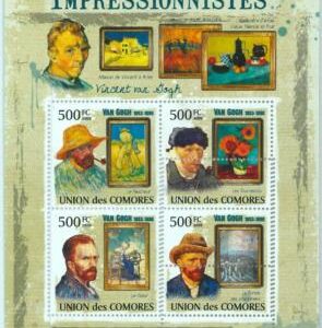 A0316 - COMOROS, ERROR, MISPERF, Miniature sheet: 2009, Vincent Van Gogh, Art