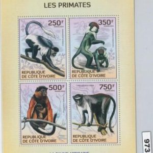 973 -   IVORY COAST Cote D'Ivoire  - ERROR - MISPERF stamp sheet 2014 Primates
