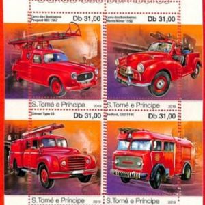 A3187- SAO TOME & PRINCIPE, ERROR MISSPERF Miniature s: 2019 Fire Trucks/Engines