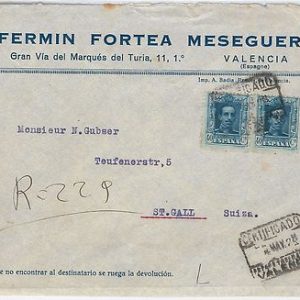 SPAIN  España - POSTAL HISTORY - VAZQUEZ  on COVER to SWITZERLAND  1923