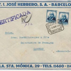 SPAIN  España - POSTAL HISTORY - REGISTERED COVER sobre to SWITZERLAND 1934