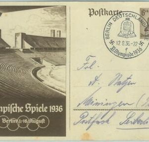 68133  - GERMANY -  POSTAL STATIONERY CARD - 1936 Olympic postmark: BERLIN f