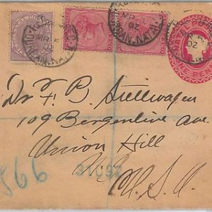 56508  -  NATAL  - POSTAL HISTORY: REGISTERED Postal Stationery COVER 1902