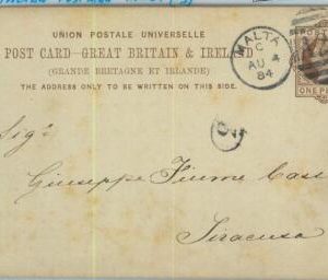 BK0257 - MALTA - Postal History - GB STATIONERY CARD to ITALY  1884 Italian mark
