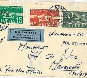AVIATION  - SWITZERLAND Schweiz to BELGIUM: Lausanne via Bale - VOL EXPRESS 1933