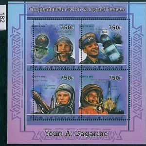 TOGO, ERROR, 2011 MISSPERF SHEET: 50 Anv. Space traveling, Cosmonaut Y. Gagarine