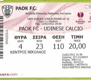 C1602- Vecchio BIGLIETTO PARTITA CALCIO 2012 PAOK FC VS UDINESE
