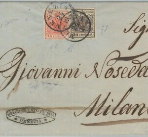 76117  - ANTICHI STATI: LOMBARDO VENETO -  BICOLORE  Sass 6 + 7  su BUSTA  1854