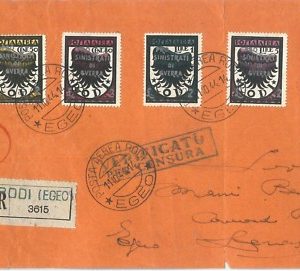 71480 - EGEO Rodi - Storia Postale - Sassone S39 su BUSTA FDC RACCOMANDATA 1944