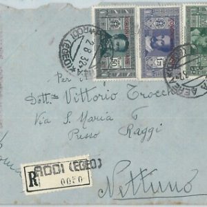 71652 - EGEO Rodi - Storia Postale - Sass# 14 + 16 + 19  su BUSTA raccomandata