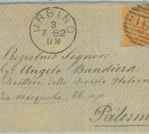 89535  - REGNO - STORIA POSTALE - Annullo NUMERALE su BUSTA -  URBINO  1882
